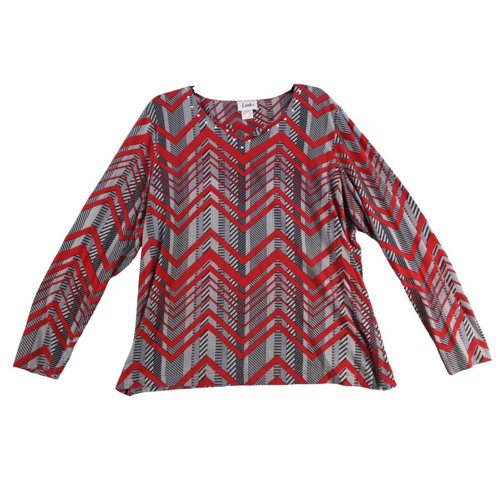 Links Womens XL Red Black White Chevron Zig Zag Long Sleeve Studded Blouse 4GV3